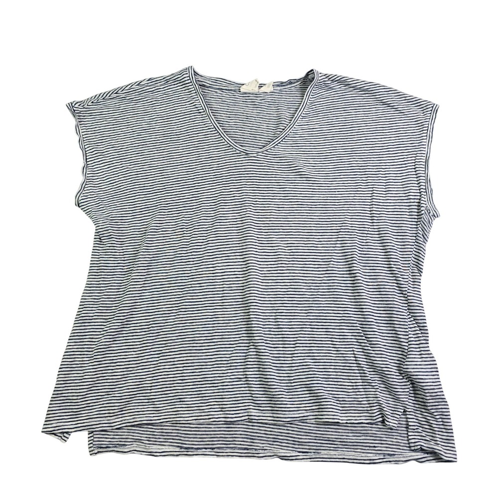 C&C California V-Neck Linen Blend Top Womens XL Navy White Striped Cap Sleeve